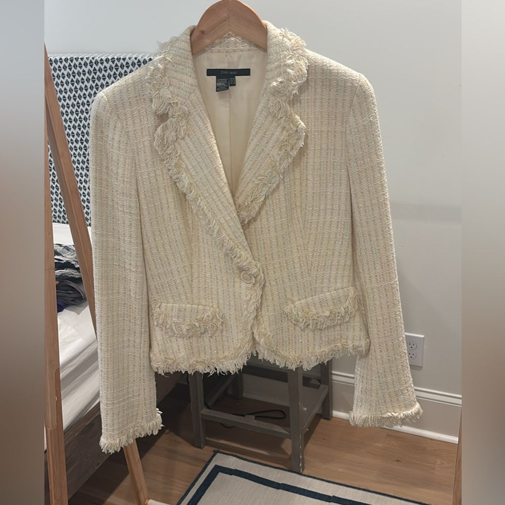 Zara Cream Fringe Tweed Blazer Jacket